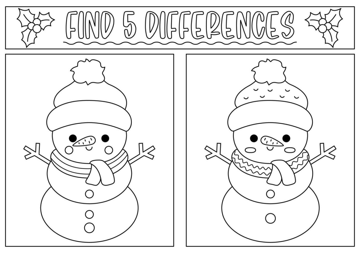 Christmas black and white find differences game for children. Attention skills activity with cute snowman in hat. New Year line puzzle or coloring page for kids. What is different worksheet vector