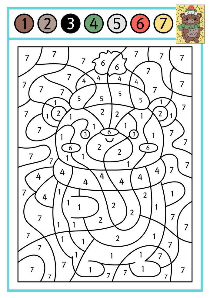 Vector Christmas color by number activity with cute kawaii bear in hat and scarf. Winter holiday scene. Black and white counting game with animal in warm clothes. New Year coloring page for kids