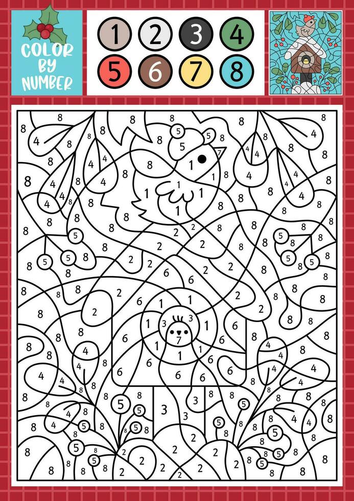 Vector Christmas color by number activity with cute kawaii bird house, snow. Winter holiday scene. Black and white counting game with nestling, leaves, berries. New Year coloring page for kids
