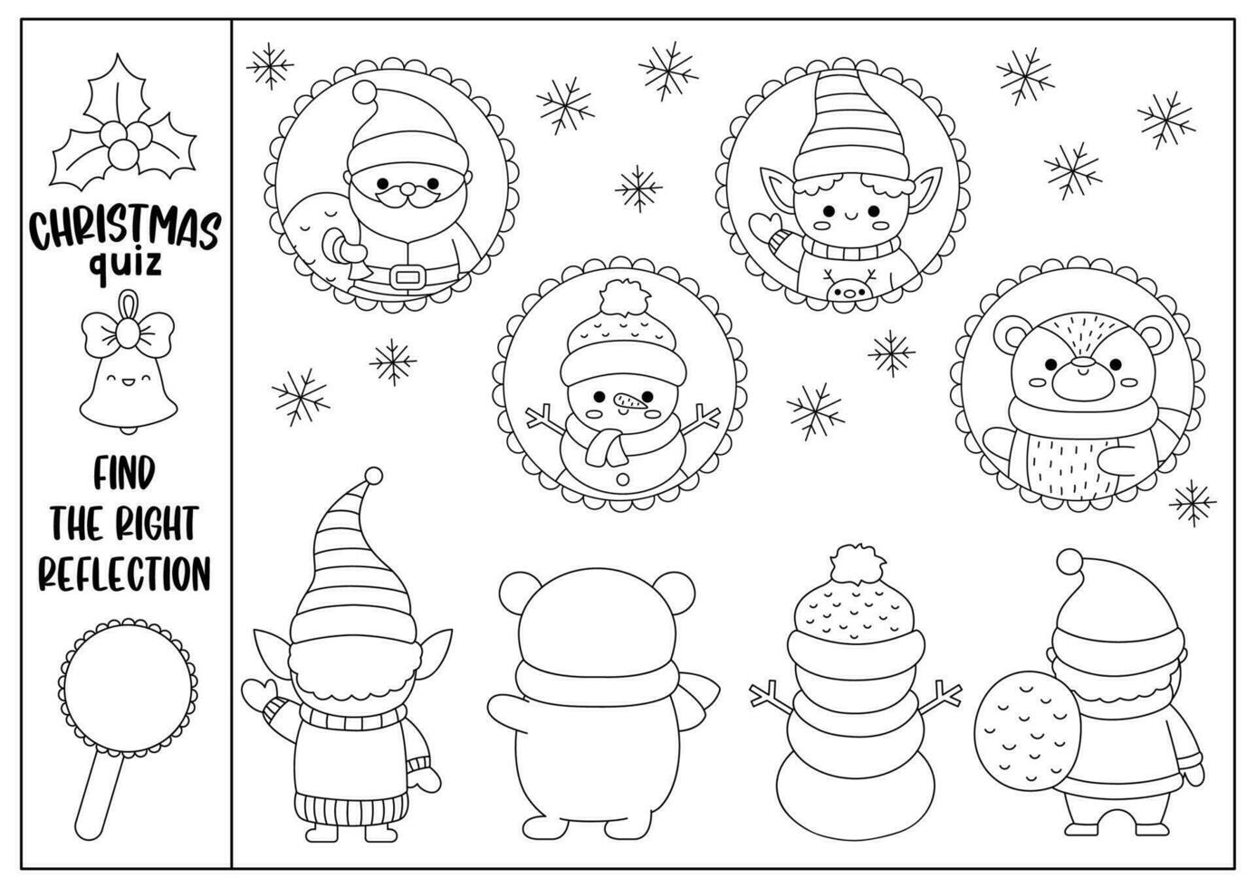 Christmas black and white find the right mirror reflection activity. Logical matching quiz with Santa Claus, snowman, elf, bear. Winter holiday puzzle or coloring page with cute kawaii characters vector