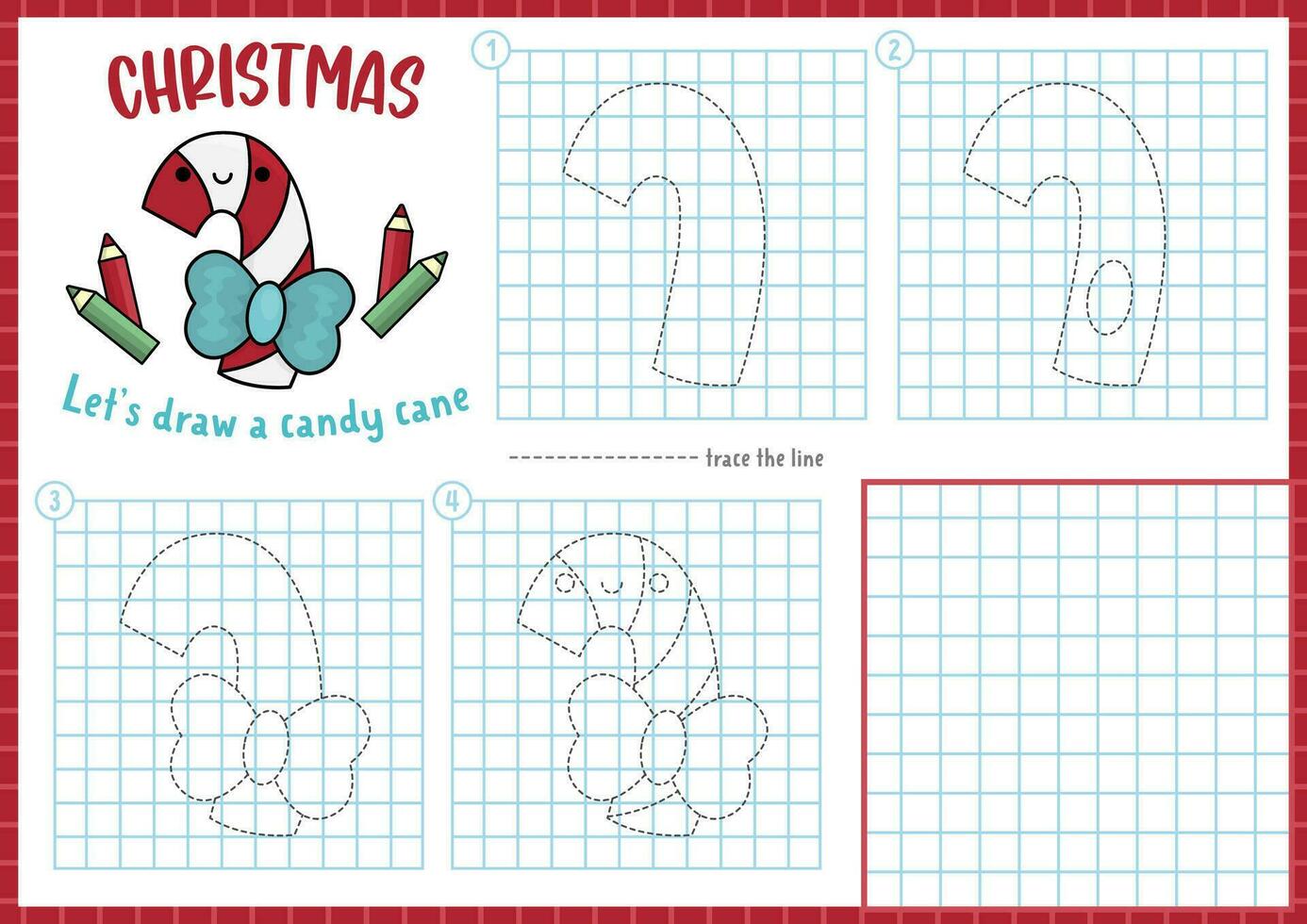Christmas step by step drawing worksheet. How to draw a candy cane. Complete the picture by example activity. Vector winter holiday writing practice worksheet. Printable New Year coloring page