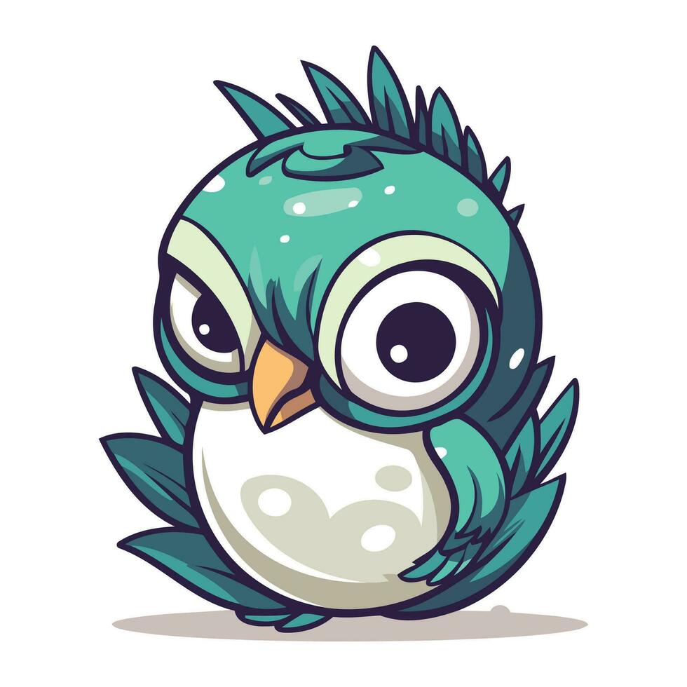 Cute cartoon blue bird character with green leaves. Vector illustration.