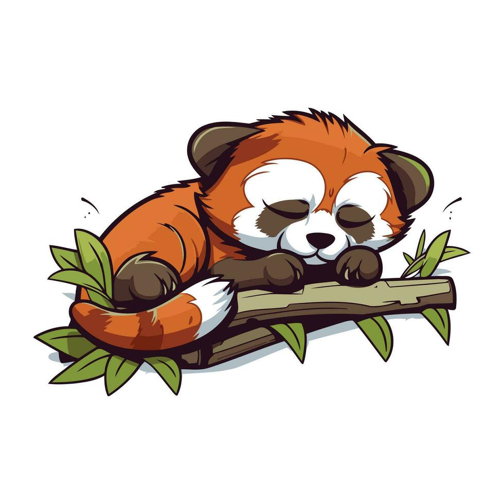 Cute red panda sleeping on a tree branch. Vector illustration
