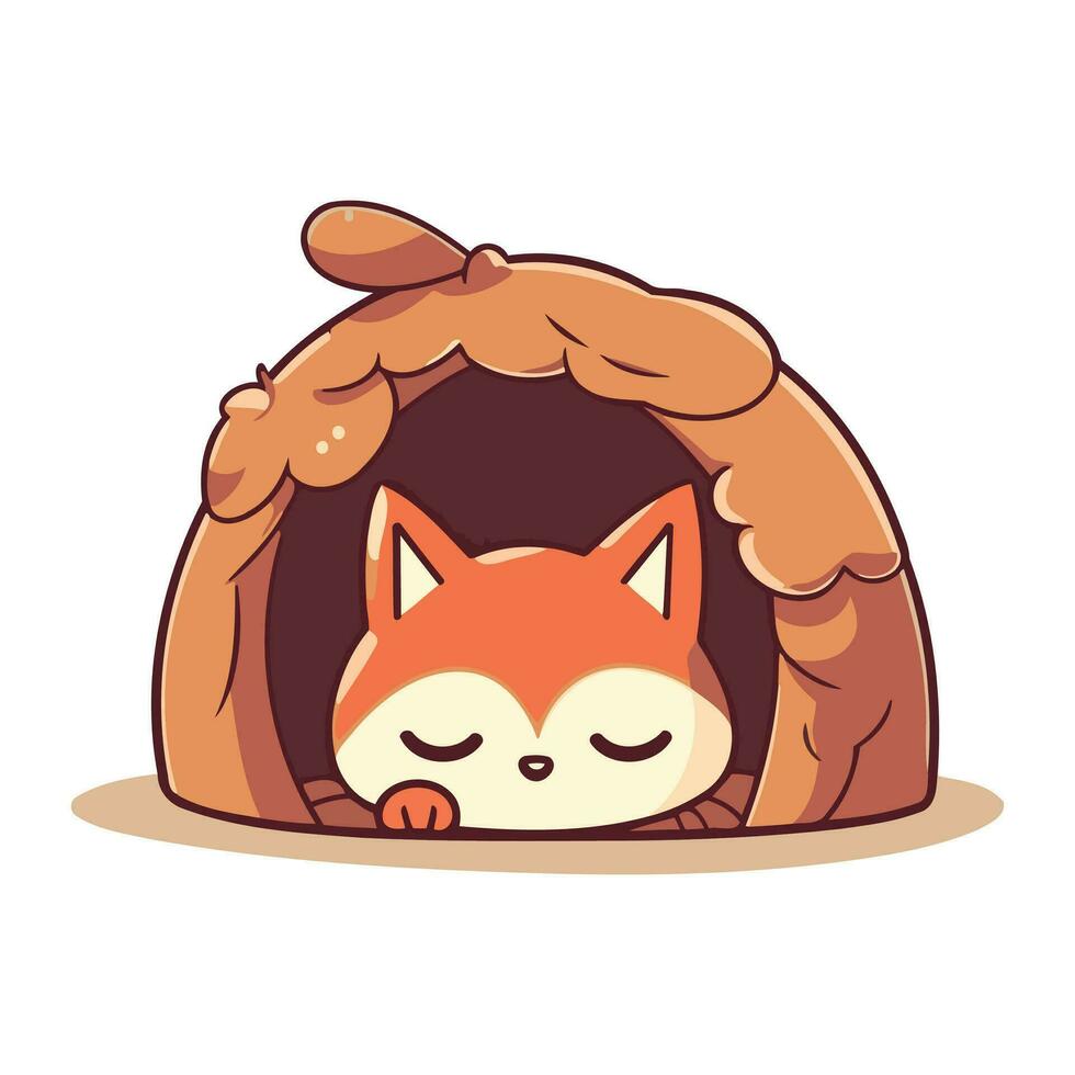 Cute cartoon fox sleeping in a dog house. Vector illustration.