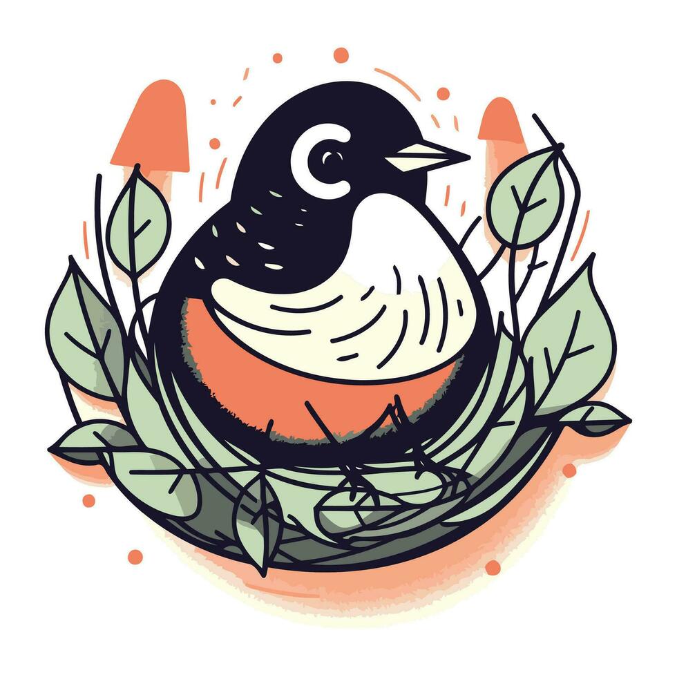 Hand drawn vector illustration of a cute little bullfinch in the nest.