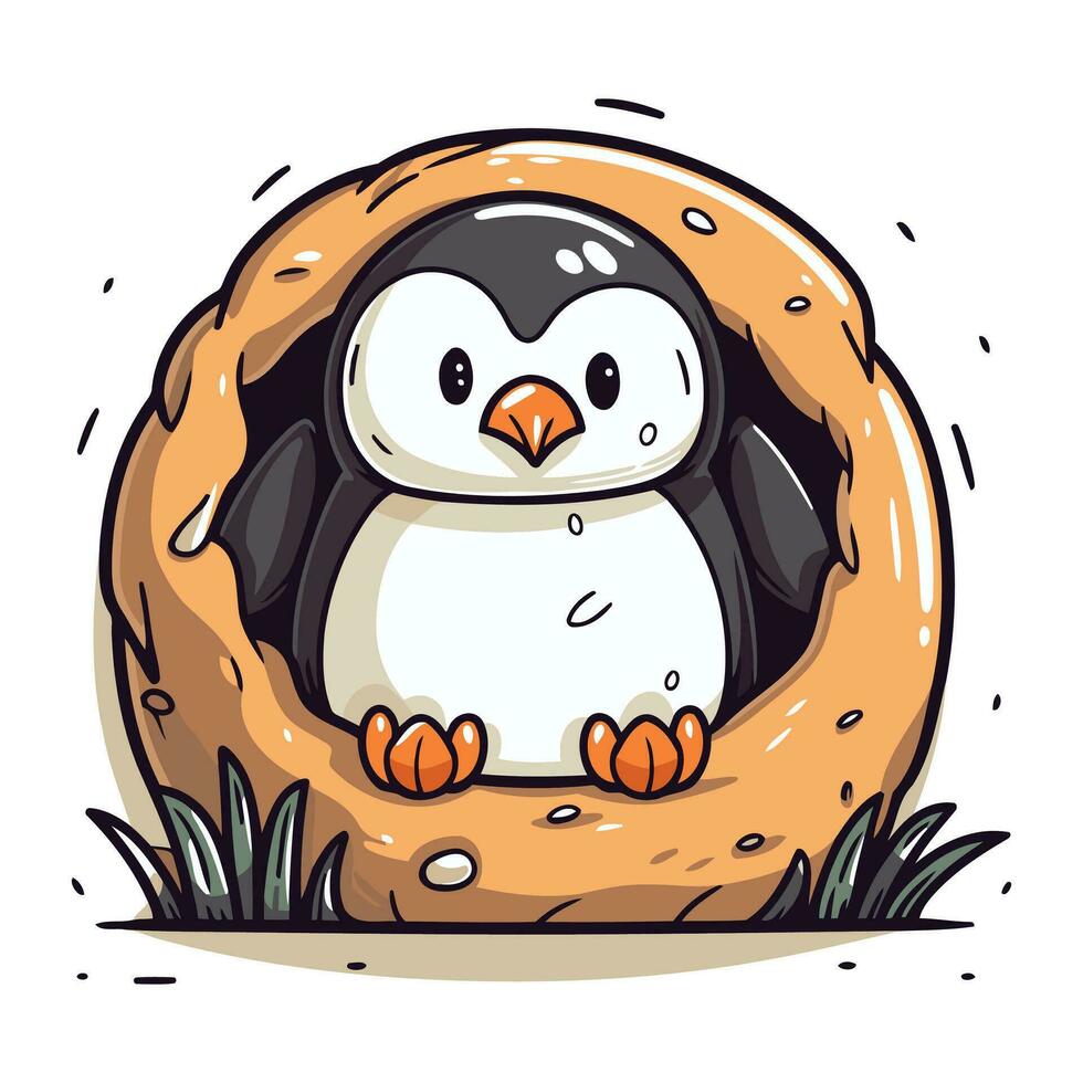 Cute penguin in a nest. Vector illustration on white background.