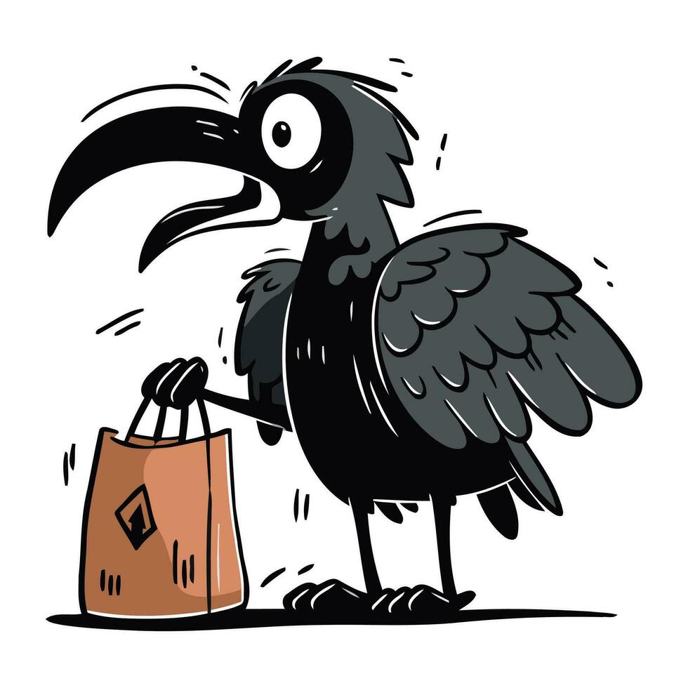 Cute cartoon toucan with shopping bag. Hand drawn vector illustration.