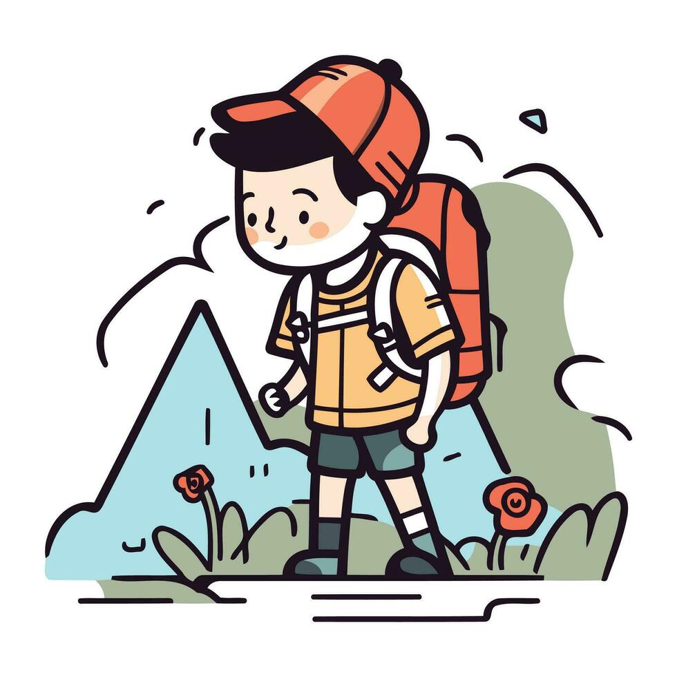 Hiking in mountains. A boy with a backpack and a cap. Vector illustration