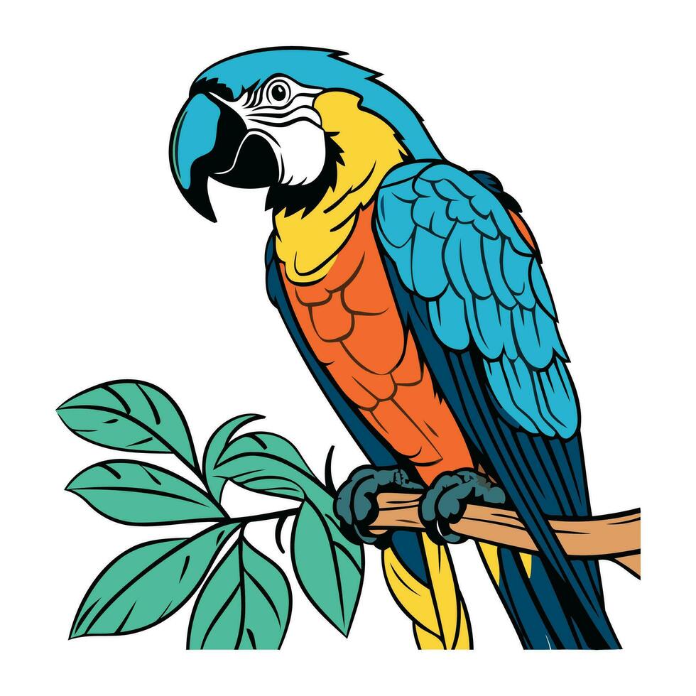 Parrot sitting on a branch. Vector illustration in cartoon style.