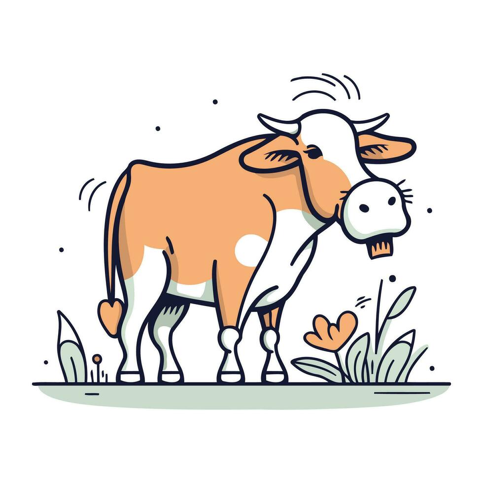 Vector illustration of a cow in the garden. Cute farm animal.