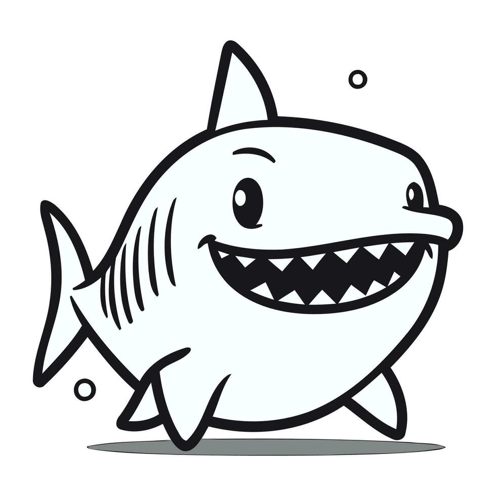 Cartoon shark. Black and white vector illustration. Isolated on white background.