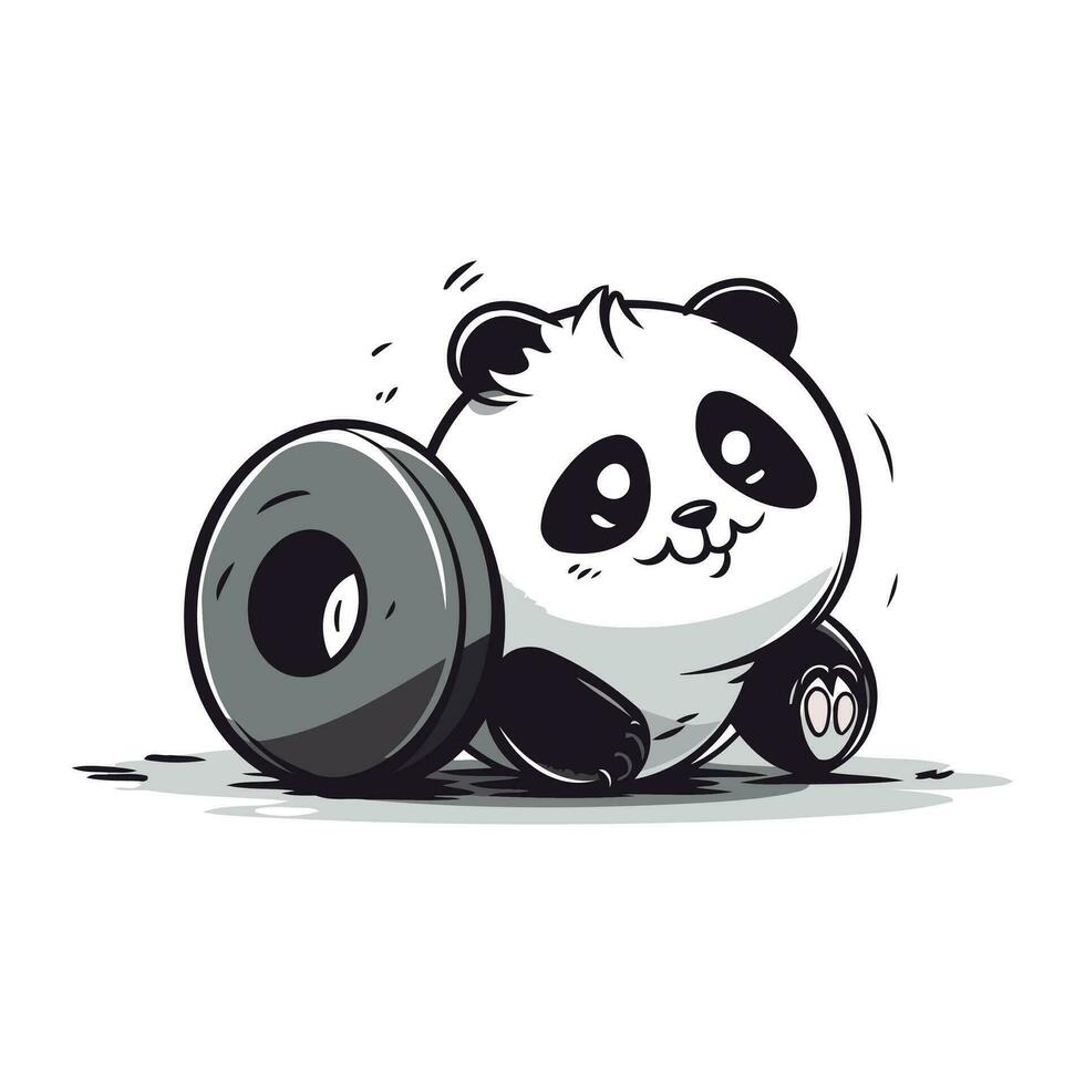 Vector illustration of cute panda with dumbbell. Isolated on white background