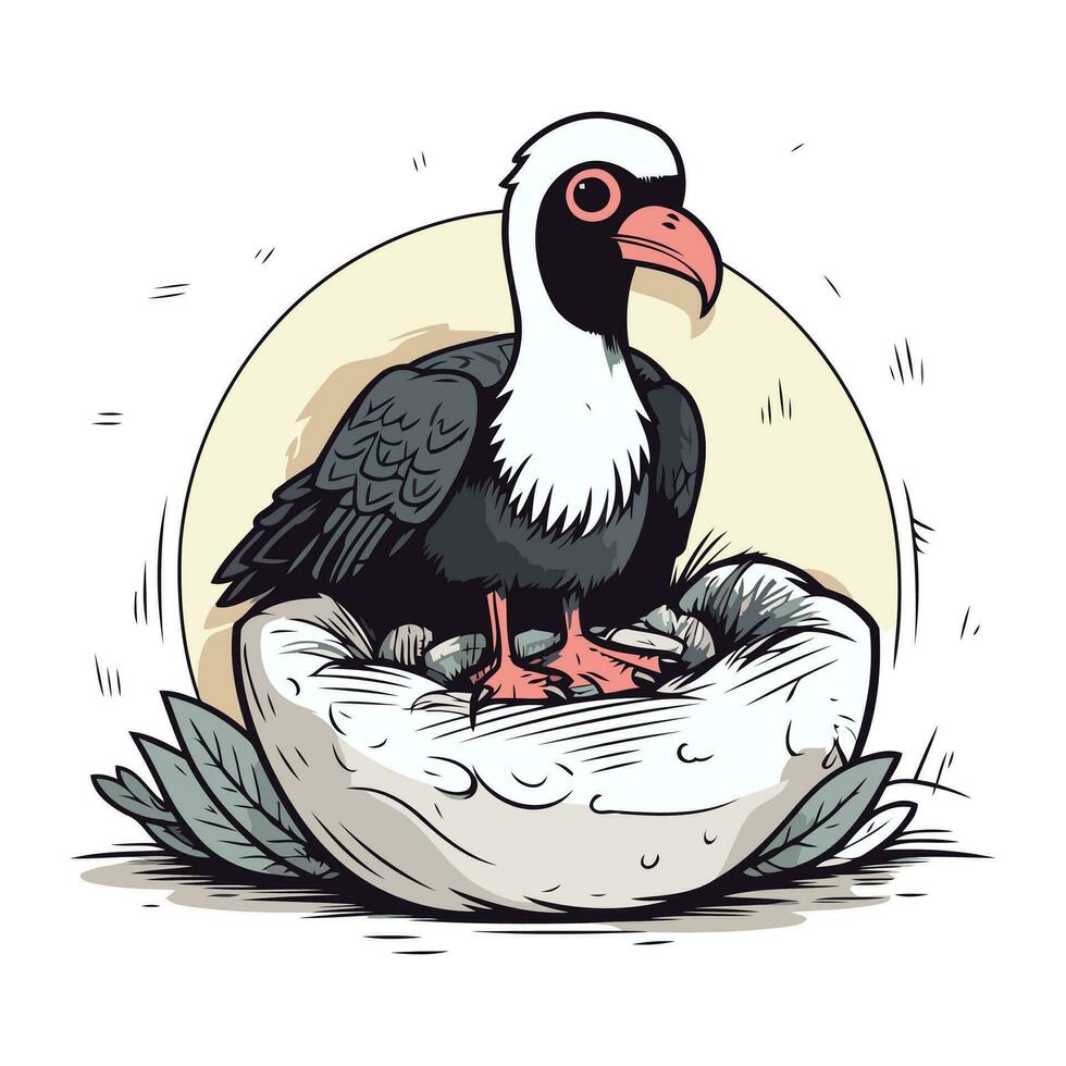 Bald eagle sitting on the egg. Vector illustration in sketch style.