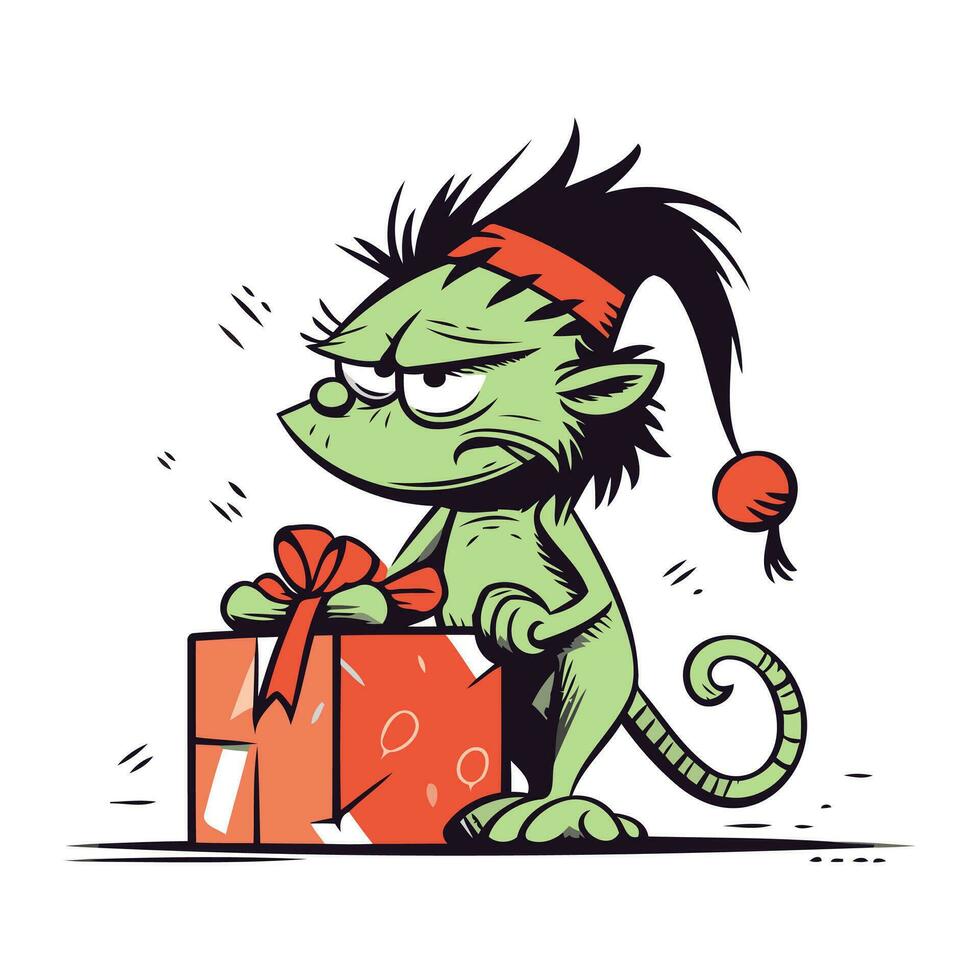 Funny cartoon monster with a gift box. Vector illustration for your design