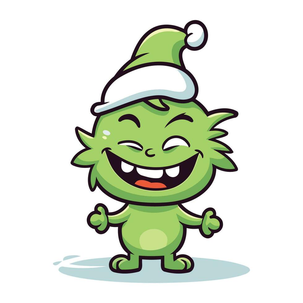 Funny green monster in christmas hat. Cartoon vector illustration.