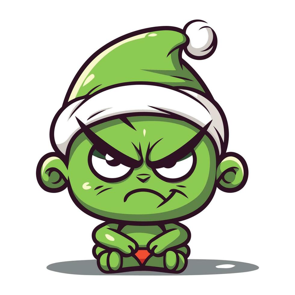 Angry green alien cartoon character with christmas hat vector illustration.