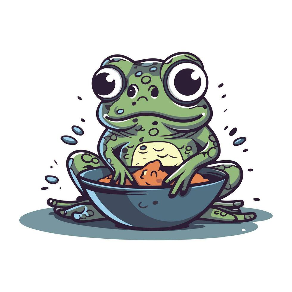 Cute cartoon frog sitting in a bowl of water. Vector illustration.