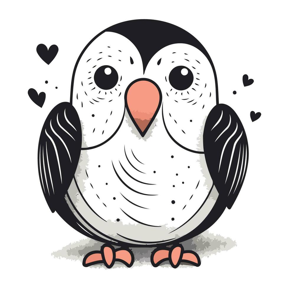 Vector illustration of a cute cartoon owl on a white background with hearts.