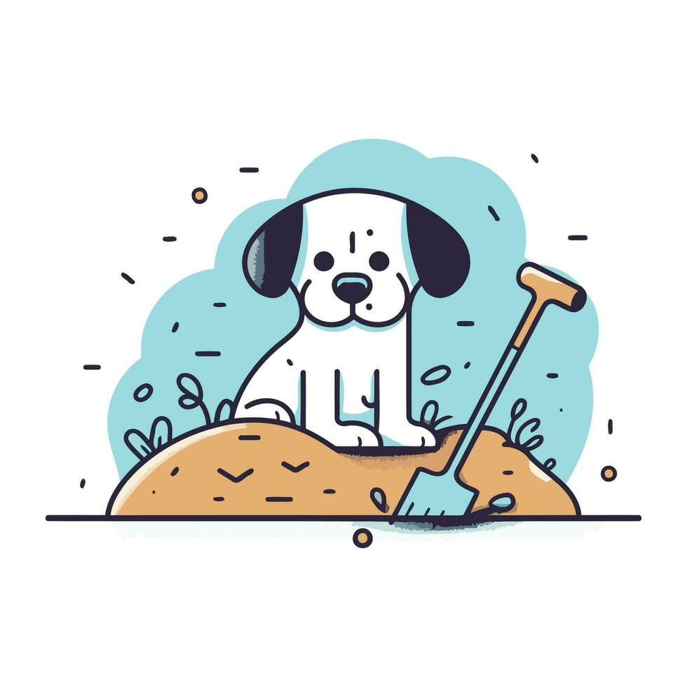 linda perrito con un pala. vector ilustración en plano estilo.