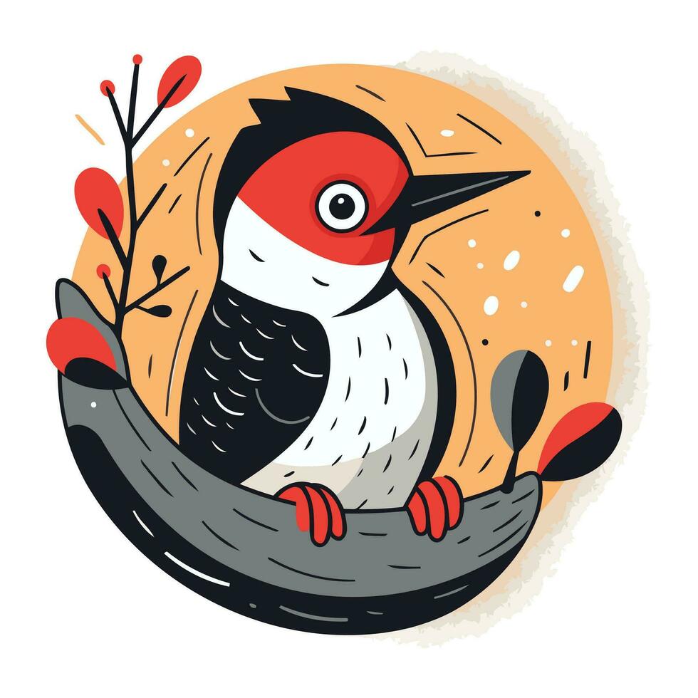 Hand drawn vector illustration of a cute woodpecker sitting on a branch.