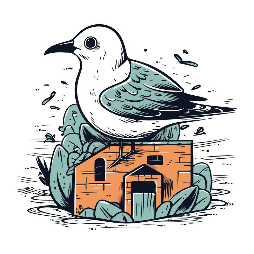 vector mano dibujado ilustración de un Gaviota sentado en un casa.