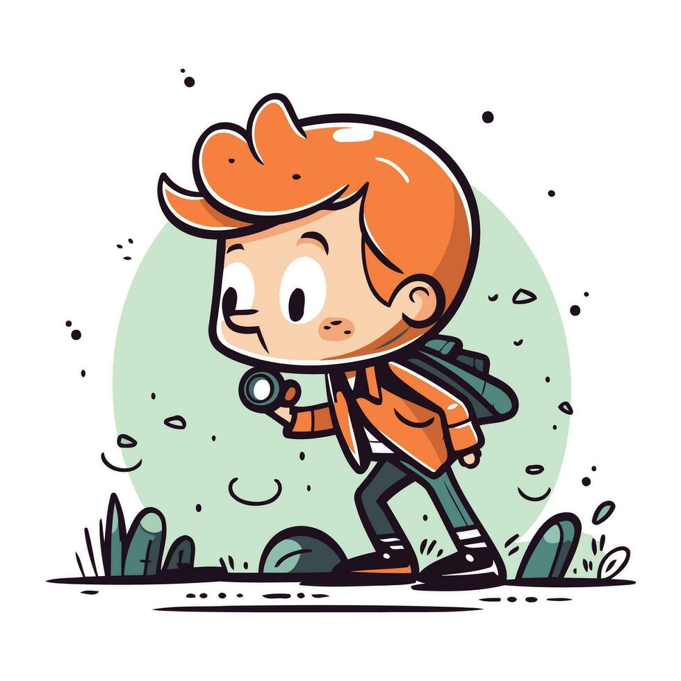 Cute little boy walking outdoors. Vector hand drawn cartoon illustration.