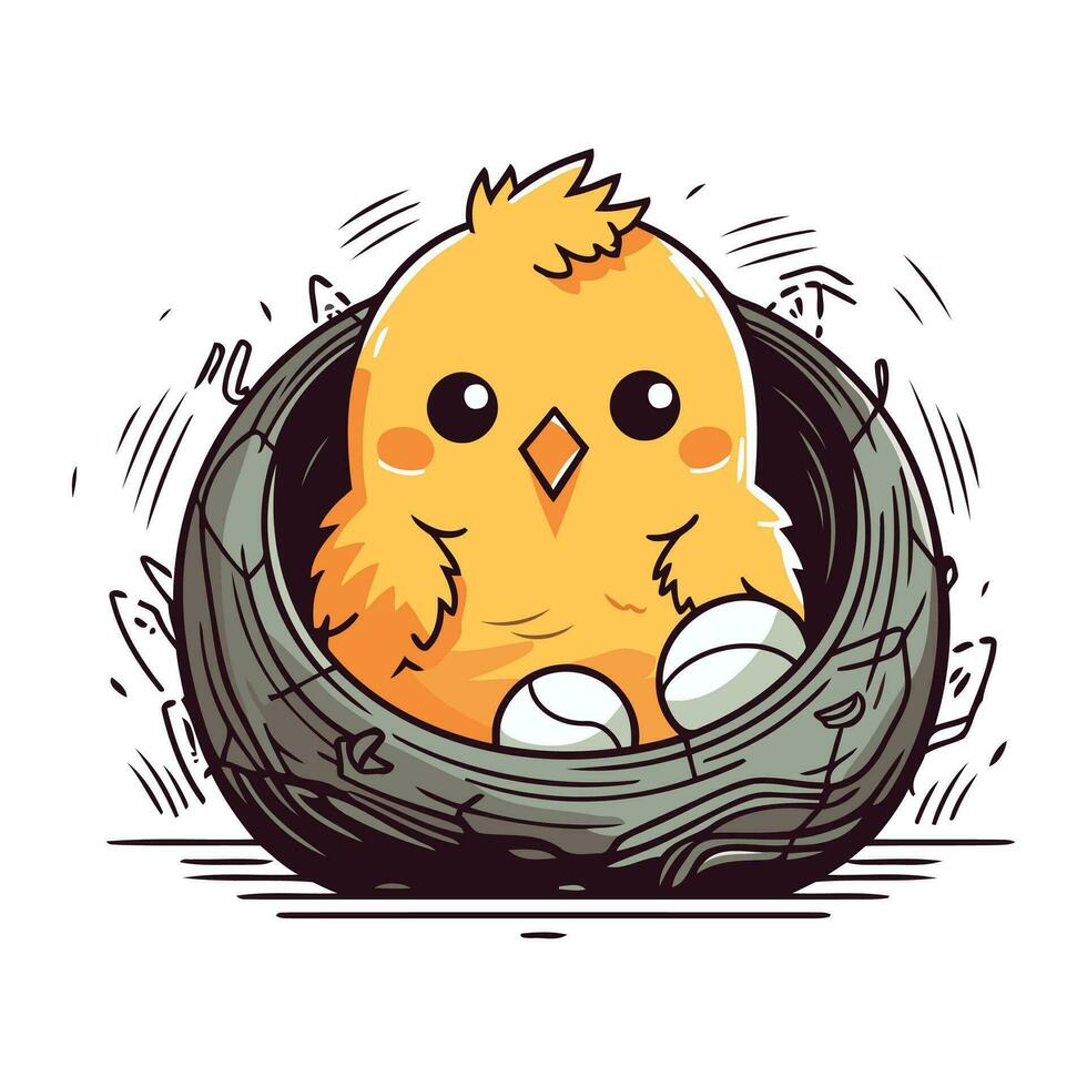 Cute chicken in a nest with eggs. Cartoon vector illustration.