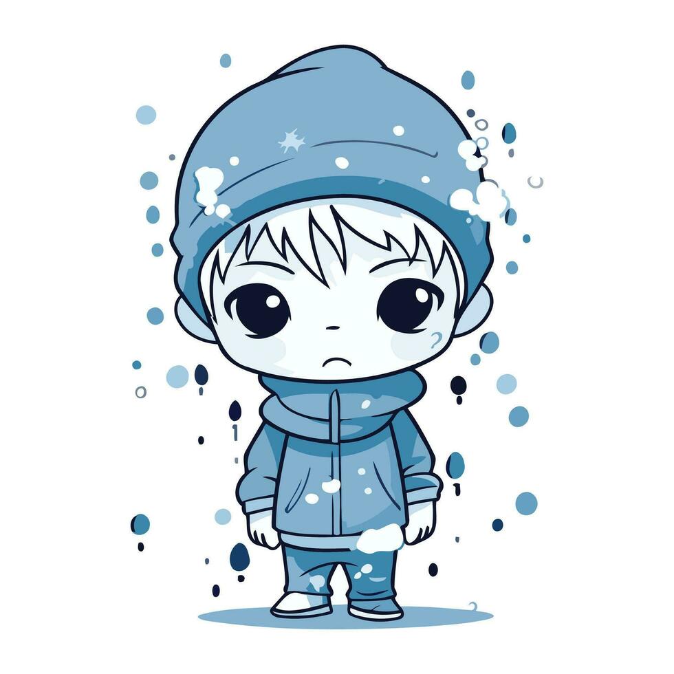 linda pequeño chico en invierno ropa. vector ilustración en dibujos animados estilo.