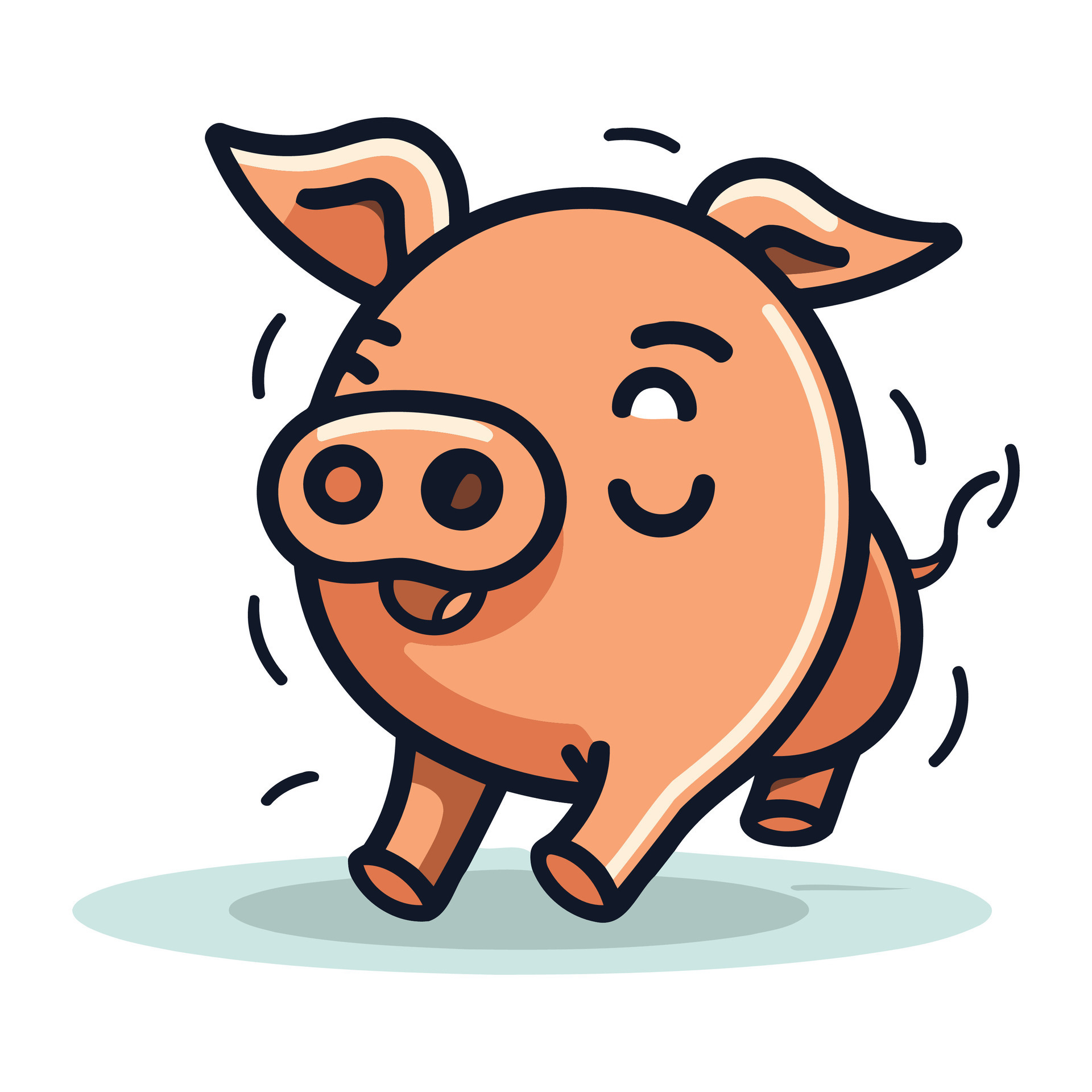 Funny pig running and smiling. Vector illustration in cartoon style
