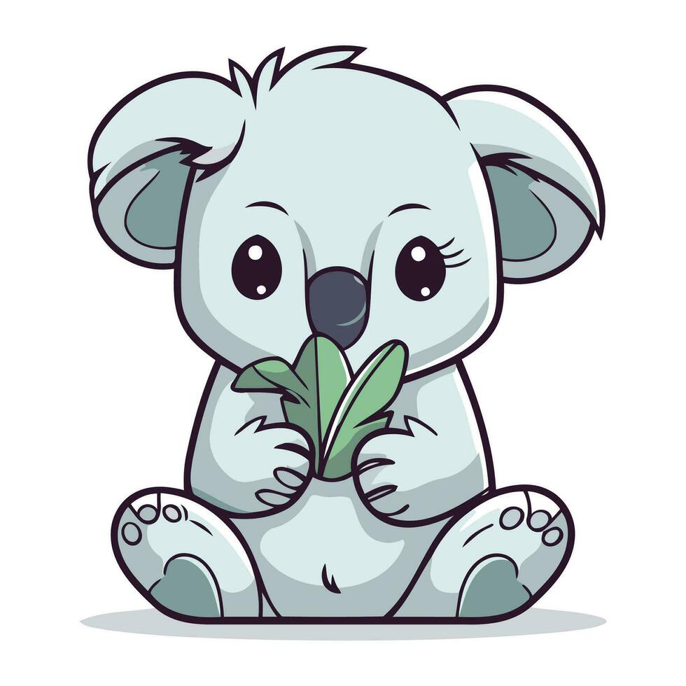Cute cartoon koala sitting and holding a leaf. Vector illustration.