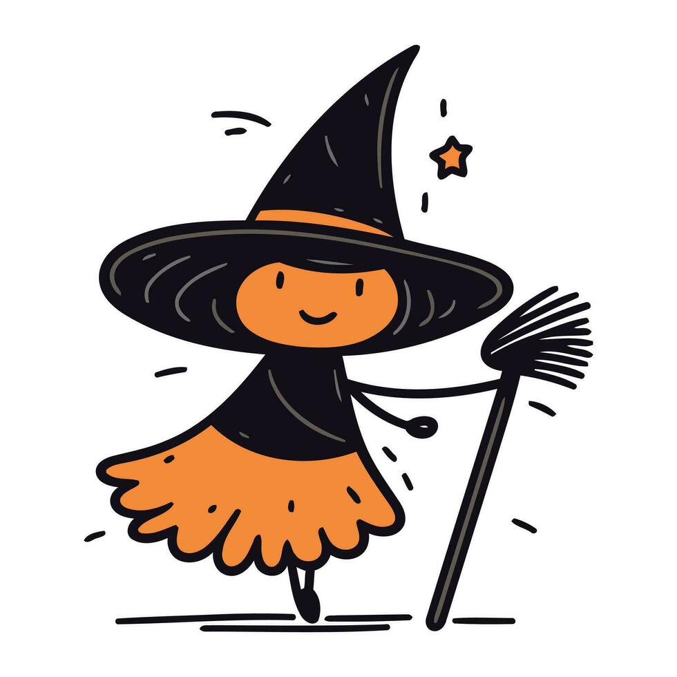 Cute cartoon witch with broomstick. Vector illustration in doodle style.