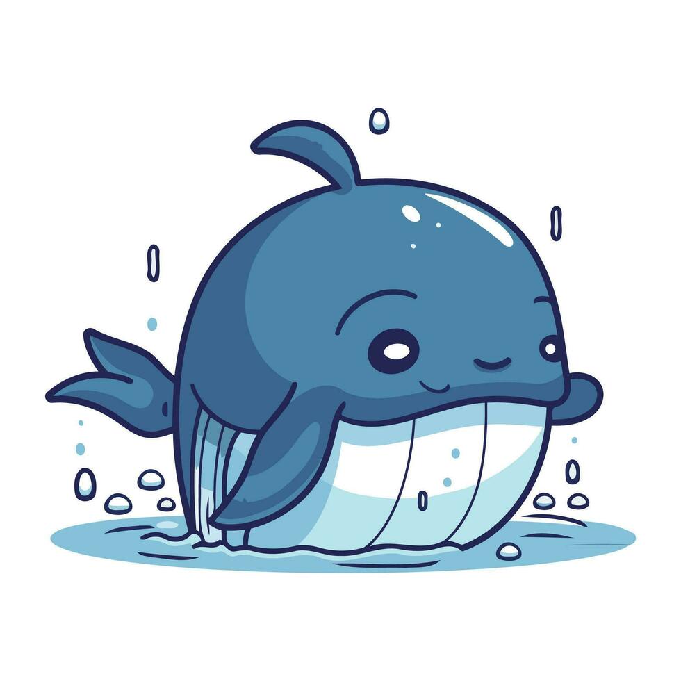 Cute cartoon whale swimming in water. Vector illustration isolated on white background.