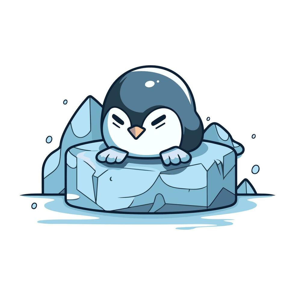 Cute penguin sitting on a piece of ice. Vector illustration.