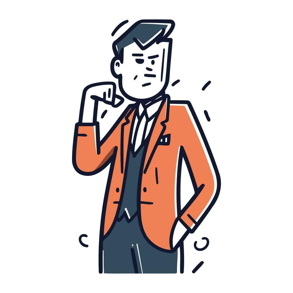 Frowning man in suit. Vector illustration in thin line style.