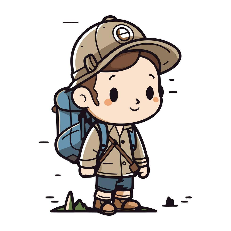 chico explorar con mochila y gorra.vector ilustración dibujos animados personaje diseño. vector