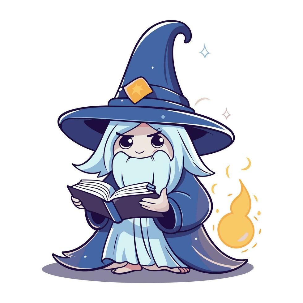 Witch reading a book. Cute cartoon character. Vector illustration.