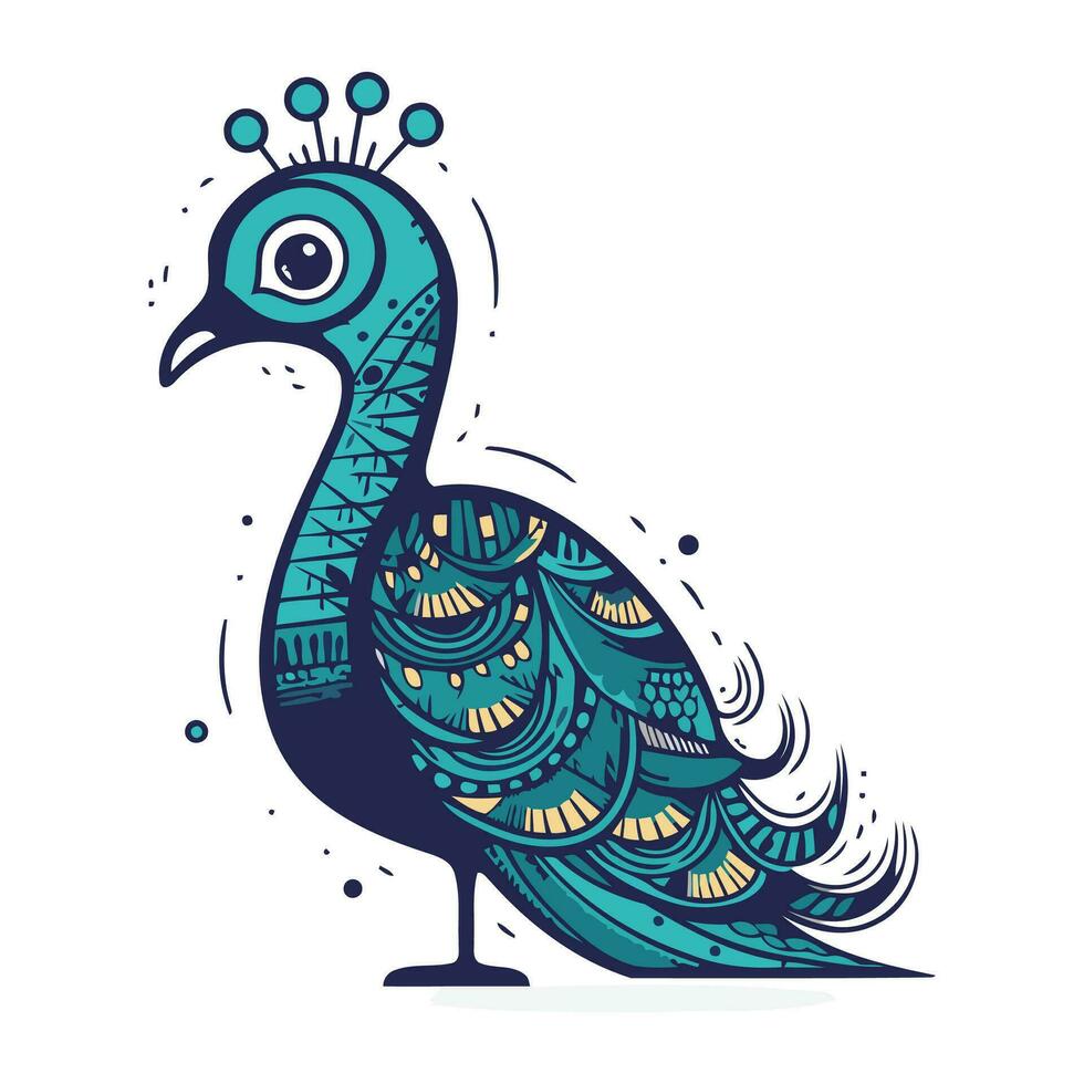 Peacock. Hand drawn vector illustration in doodle style.