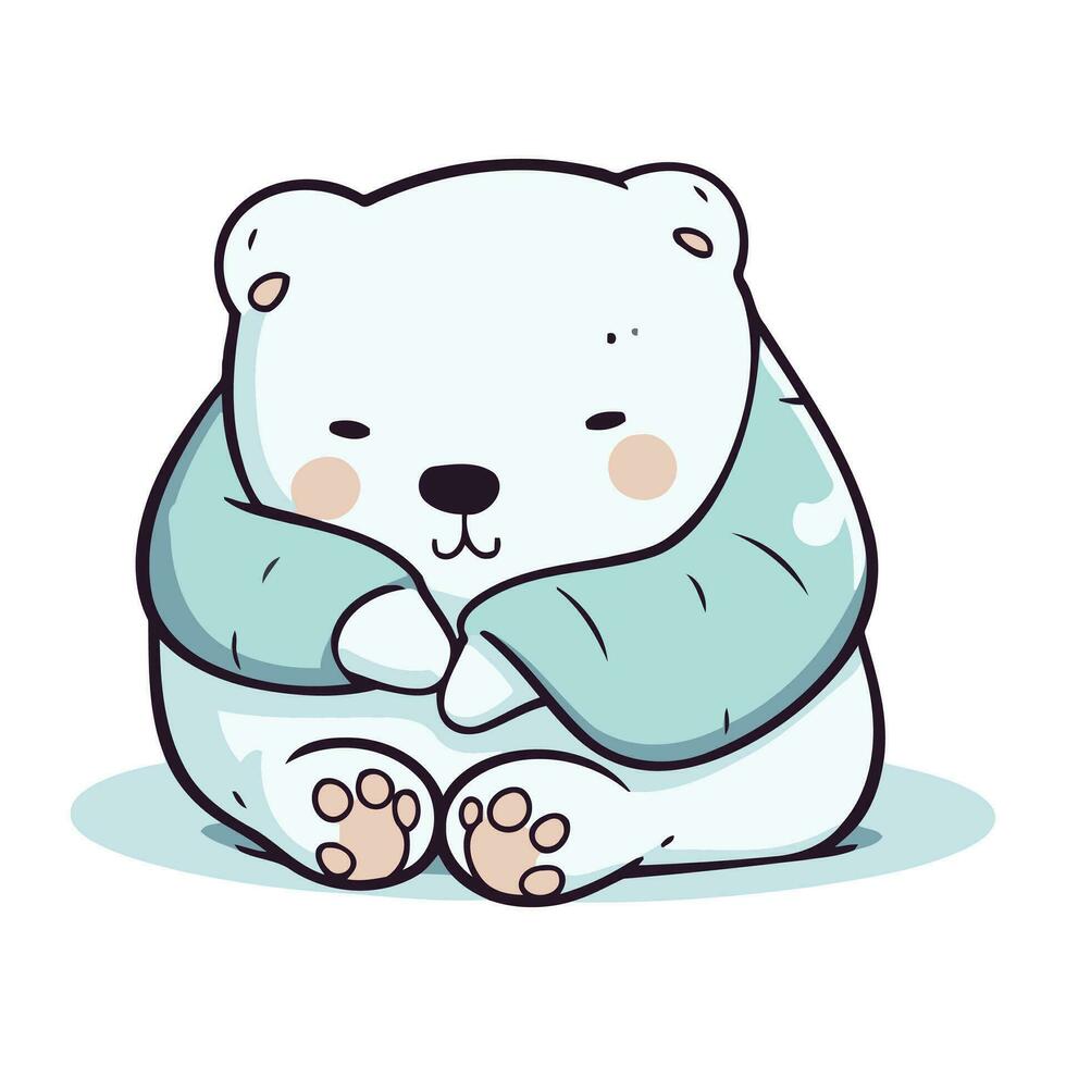 Cute cartoon polar bear sitting on a pillow. Vector illustration.