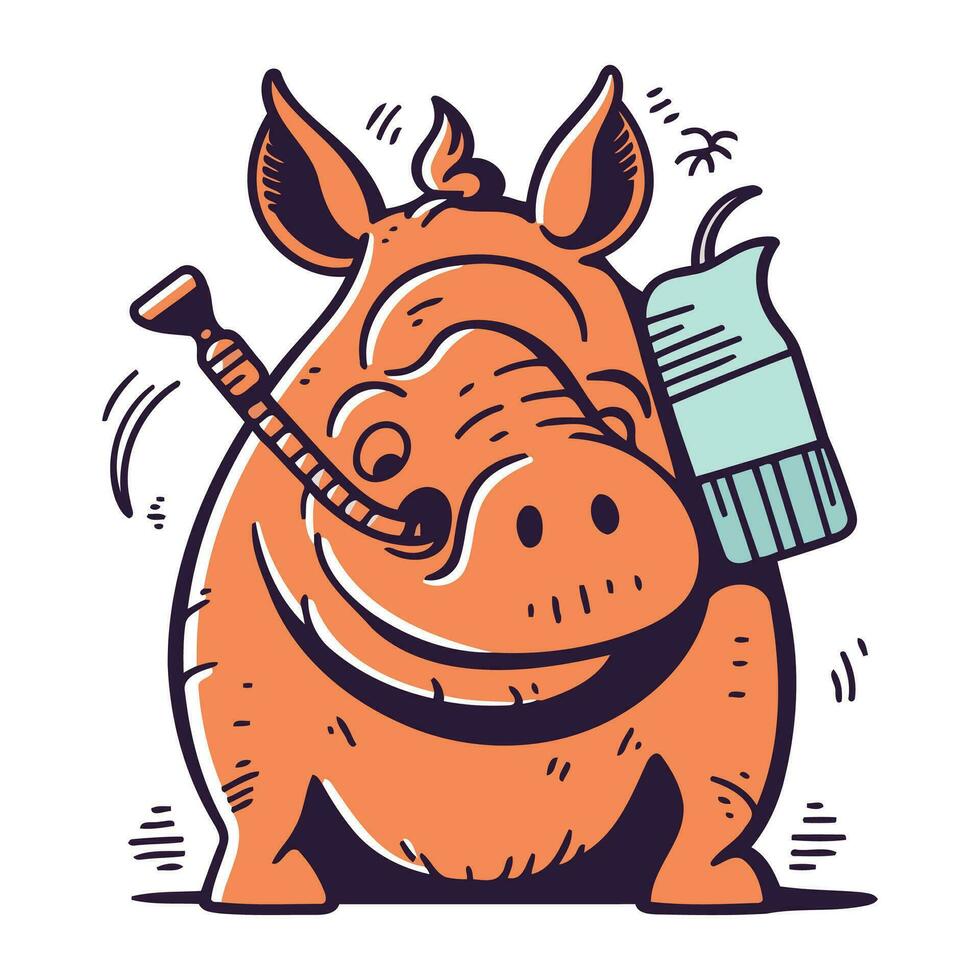Hippo with a bottle of water and a thermometer. Vector illustration