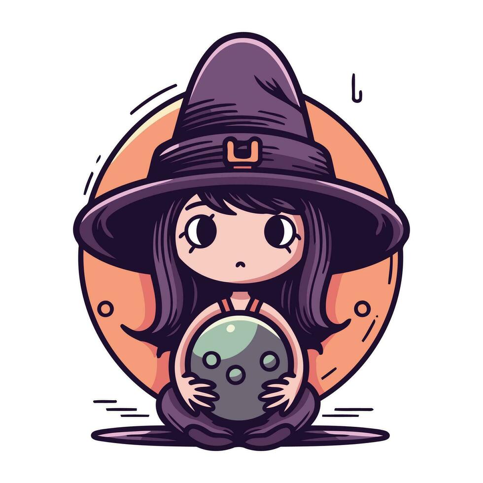 Cute little witch girl with a magic ball. Vector illustration.