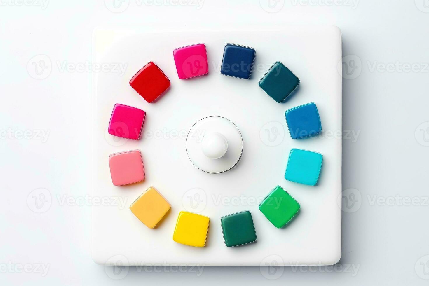 Abstract high tech multicolor button on white background, Generative AI photo