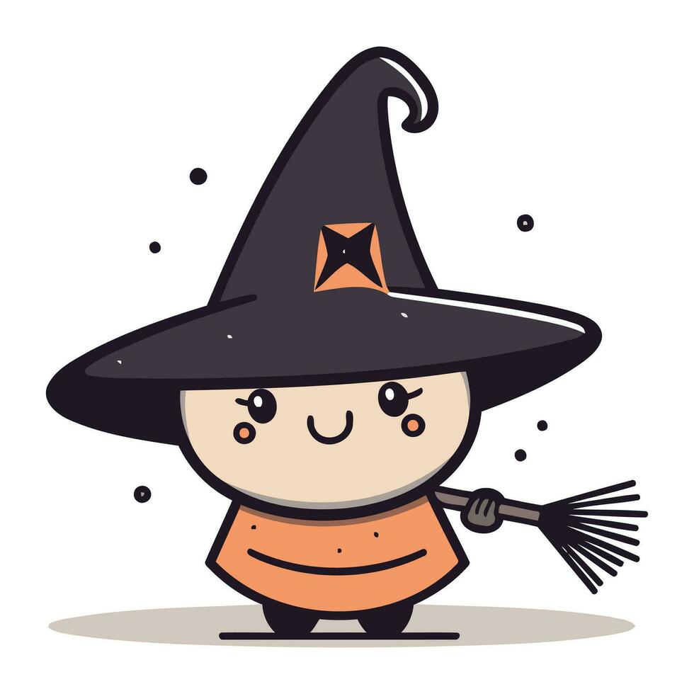 Cute little witch with broom. Vector illustration in cartoon style.