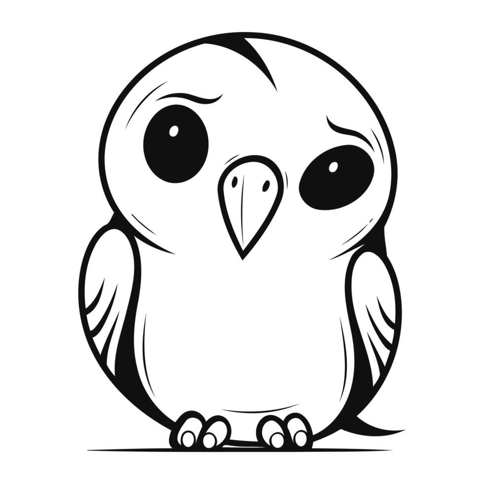 Black and white vector illustration of a cute cartoon owl sitting on a