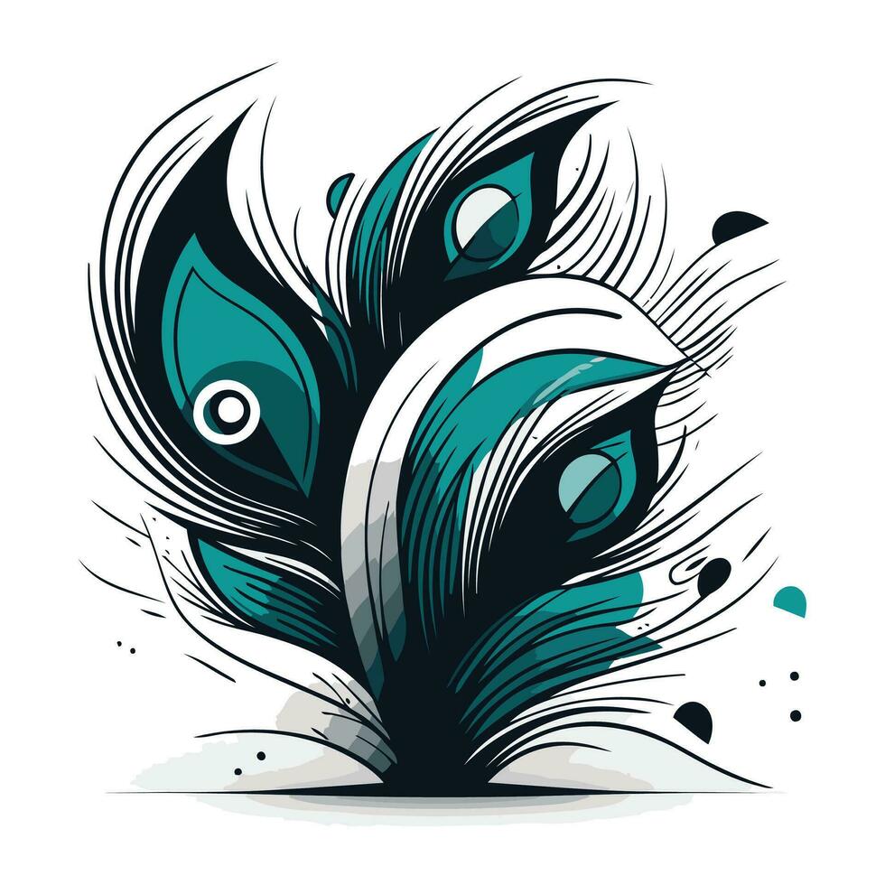 Illustration of peacock head with feathers. Vector design element.