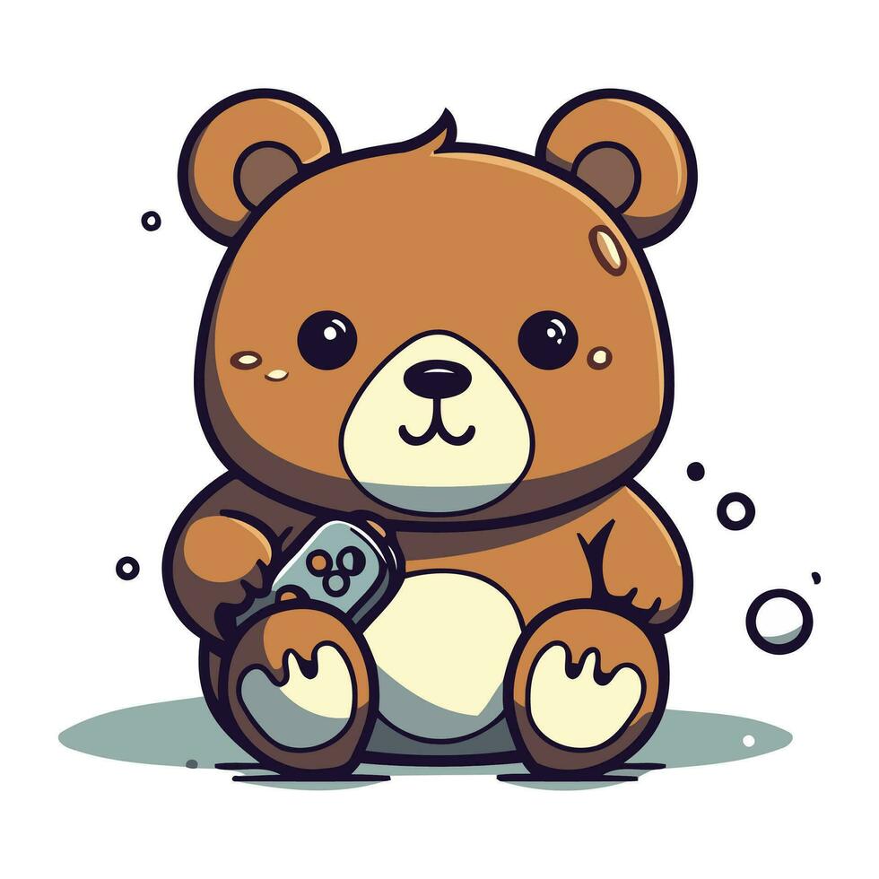 Cute teddy bear with remote control. Vector illustration in cartoon style.
