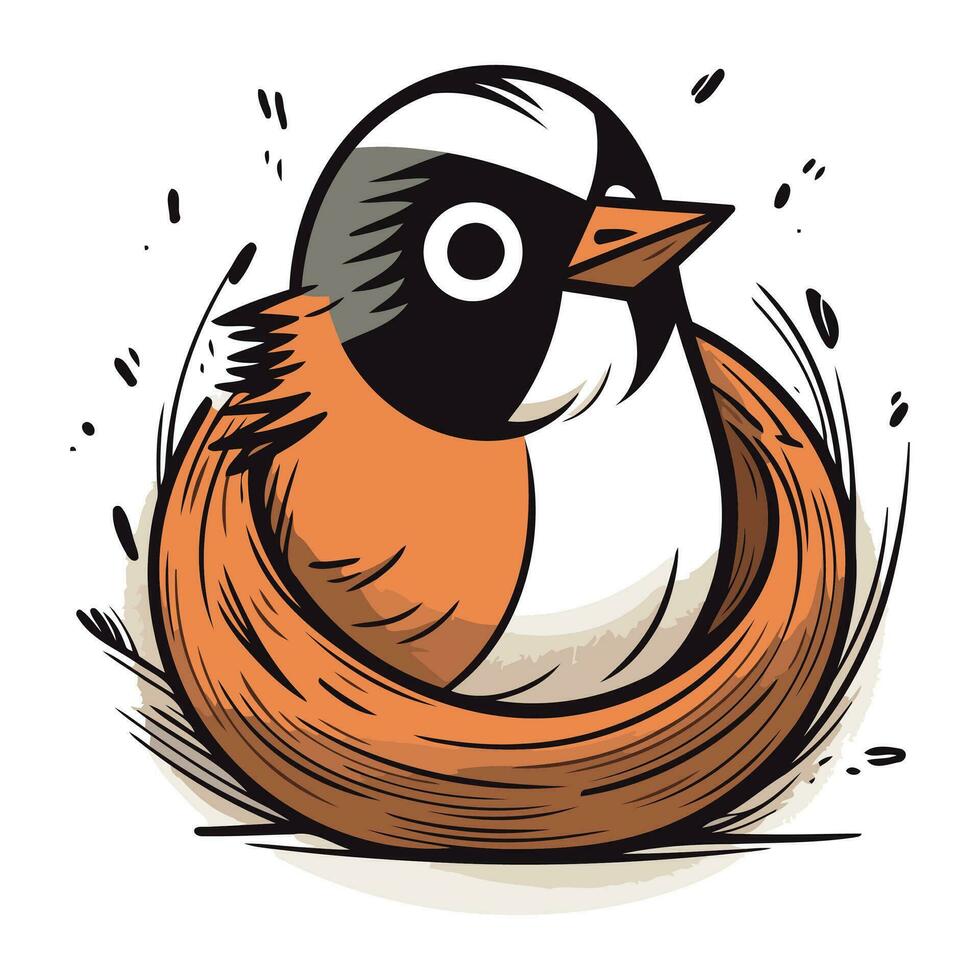 Bullfinch in the nest. Vector illustration on white background.