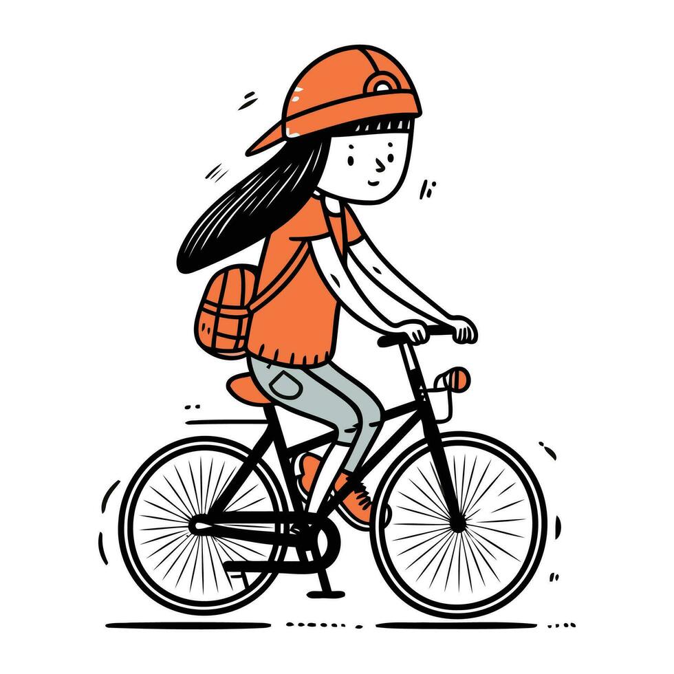 Young woman riding a bicycle. Vector illustration in doodle style.