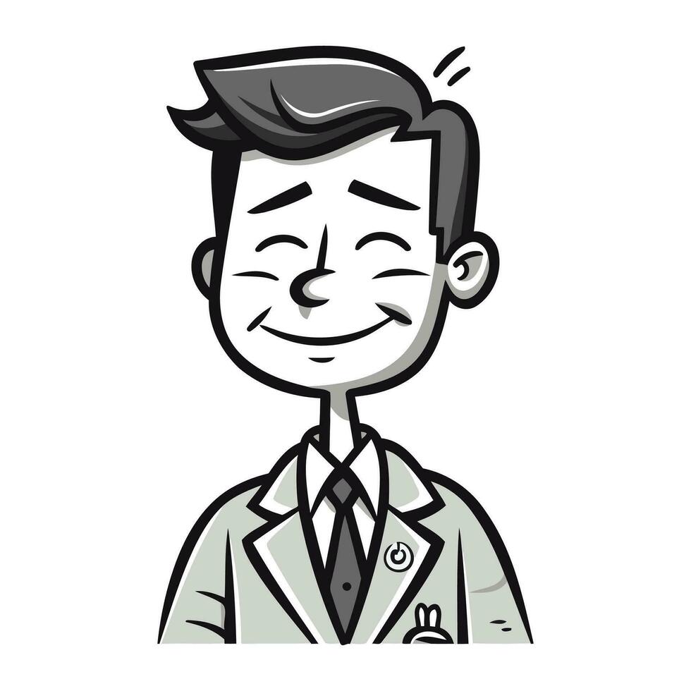 Illustration of a male doctor wearing a lab coat. smiling and looking at the camera vector