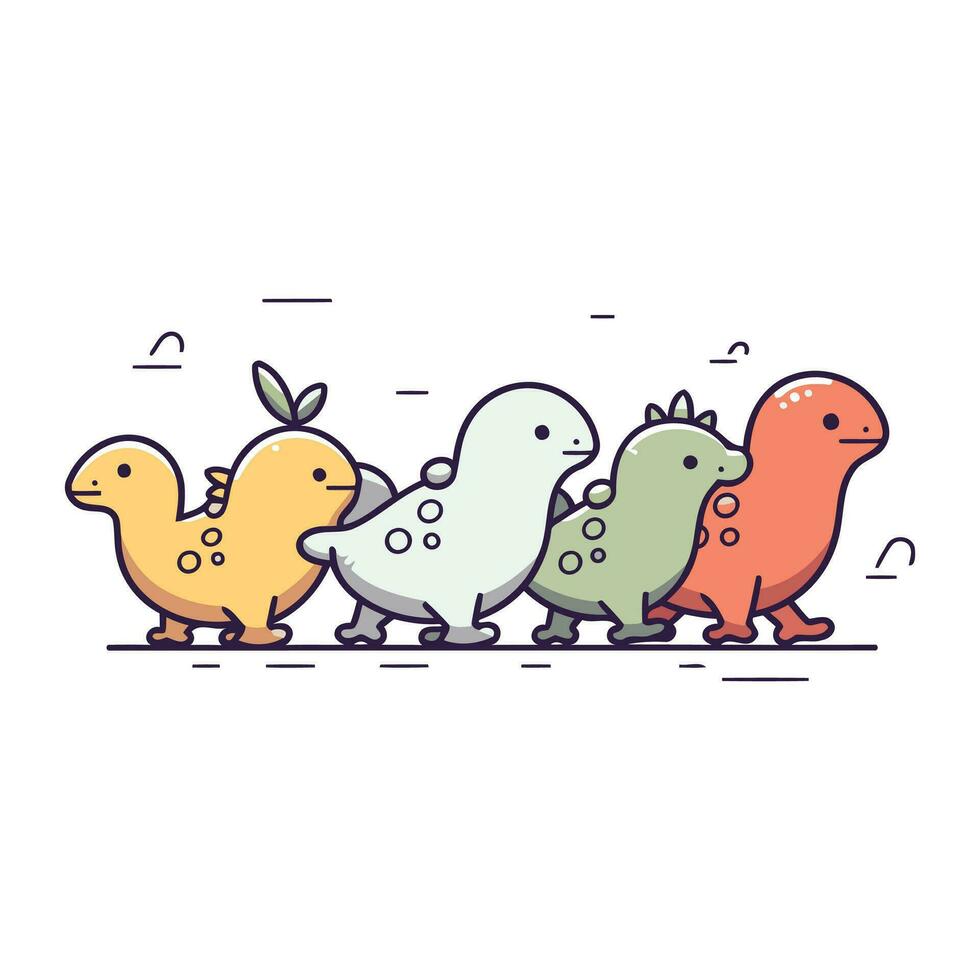 Vector illustration of cute dinosaurs in line art style. Cute animals in flat style.