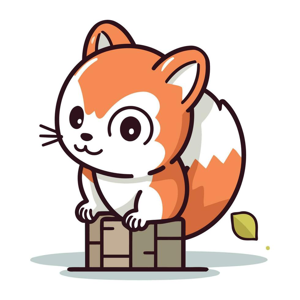 Cute little fox standing on a brick wall. Vector illustration.